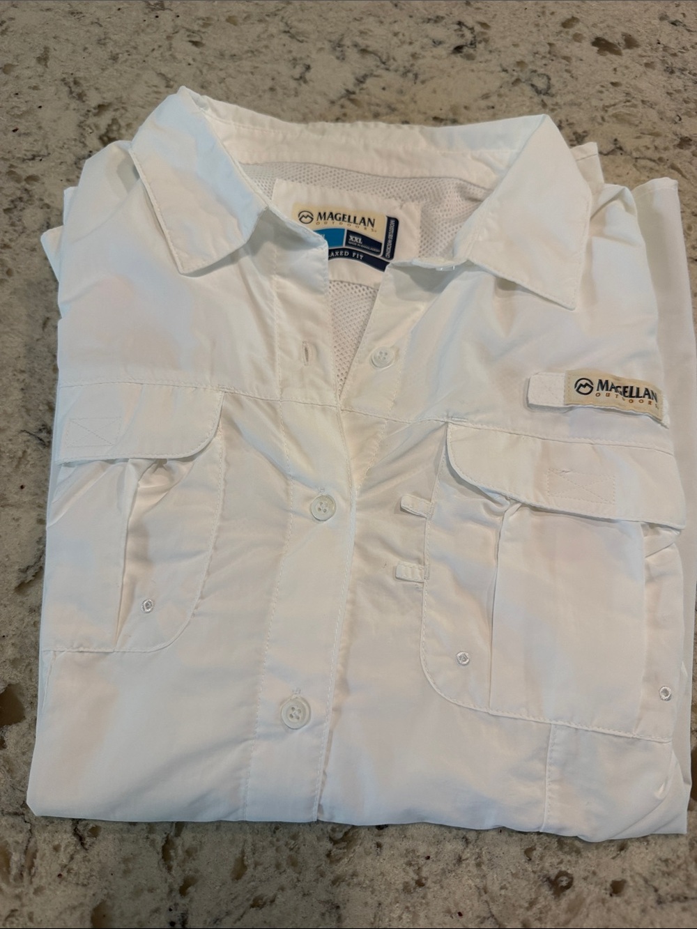 Magellan Outdoors White Mesh Fish Gear Shirt with Blue Accent